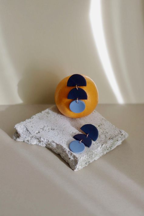 Blue Statement Earrings, Blue Polymer Clay, Geometric Statement Earrings, Duo Tone, Large Statement Earrings, Blue Clay, Abstract Earrings, Earrings Long, Navy Blue Color