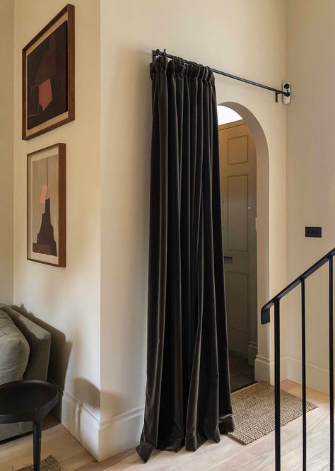 Velvet Door Curtain – The Hackney Draper Contemporary Door, Attic Design, Upholstery Diy, Highland Homes, Door Curtain, Window Dressings, Velvet Curtains, Upholstery Fabrics, Door Curtains