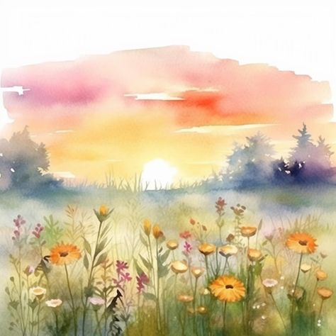 Watercolor Art Flower Field, Wall Art Flowers Paint, Meadow Tattoo Fields, Watercolor Meadow Flowers, Meadow Watercolor Painting, Field Flowers Drawing, Spring Painting Watercolor, Wild Flower Watercolor Paintings, Watercolour Flower Field