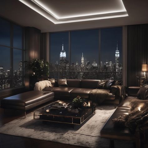 Black Luxury House, Dark House Aesthetic, Apartamento New York, Dark Modern House, Penthouse Aesthetic, Penthouse Living Room, Penthouse Interior, Penthouse Design, Modern Penthouse