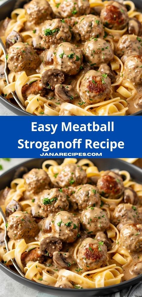 Looking for stroganoff recipes? This Meatball Stroganoff Recipe is ideal! It's one of the easiest ground beef recipes, perfect for dinner, combining meatballs and creamy stroganoff sauce for a tasty dish. Stroganoff Recipe With Meatballs, Meatball Mushroom Stroganoff, Meatball And Mushroom Recipes, Crock Pot Meatball Stroganoff, Beef Stroganoff Meatballs Crockpot, Pasta Meatballs Recipes, Ground Beef Sauce Recipes, Meatball With Gravy, Salsbury Frozen Meatballs Crockpot