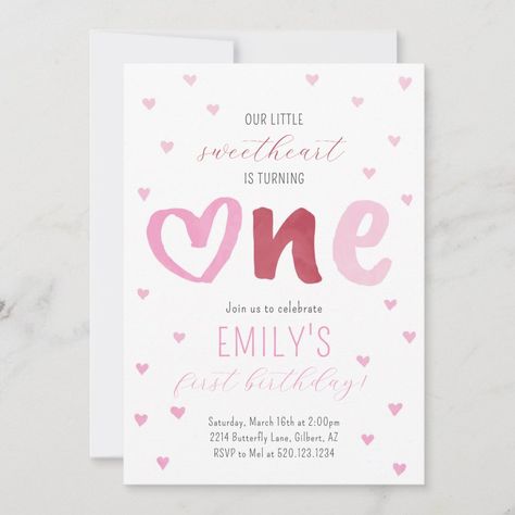 Little Sweetheart Pink Red Hearts 1st Birthday Invitation Zazzle Heart Themed 1st Birthday Party, Sweet One First Birthday Hearts, First Birthday In February Party Ideas, Heart Themed First Birthday Party, Valentines Themed First Birthday, First Birthday Heart Theme, Heart First Birthday Party, February First Birthday Themes, 1st Birthday Girl February