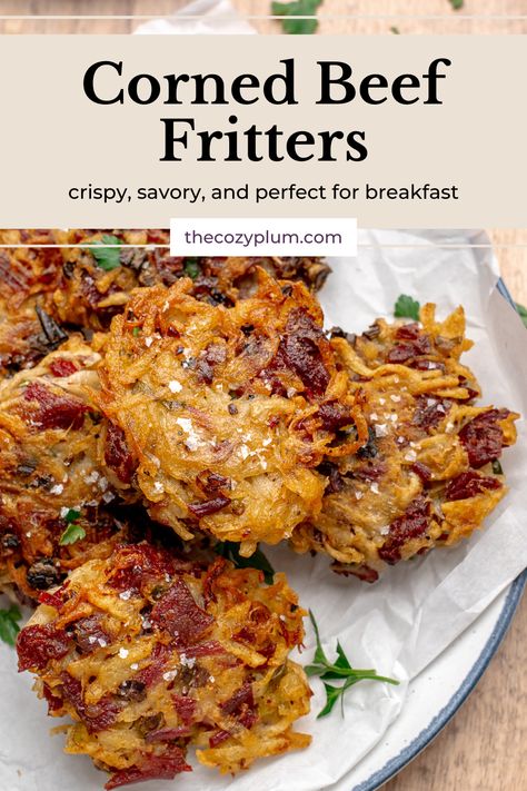 These easy corned beef fritters make a hearty breakfast of potatoes and corned beef. This old-fashioned dish doesn't use a flour batter, but instead just uses some cornstarch and egg to make very crispy fritters.  They are rich, salty, meaty fritters that are soft on the inside and crunchy on the outside. If you like corned beef hash, you will love this extra crispy version! Corned Beef Breakfast Recipes, Corn Beef Fritters Recipe, Corned Beef Fritters Recipe, Corned Beef Sides, Corn Meat Fritters, Meat Fritters, Ham Fritters, Corned Beef Breakfast, Pork Fritters