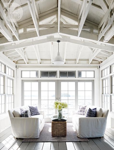 Bright sunroom - House tour: Neutral nautical lake house Indoor Sunrooms, Lakefront Living, Haus Am See, Boat House, Hus Inspiration, Cottage Living, White Furniture, Style At Home, Chic Home