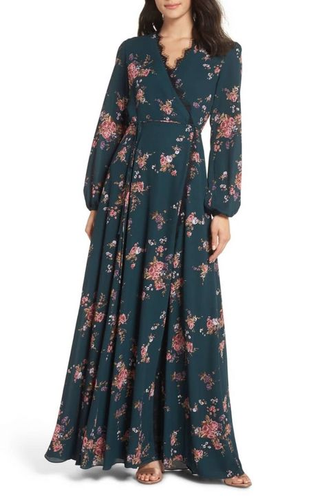 Jewel-toned floral gown perfect for a winter bridesmaid | Junebug Weddings Floral Print Gowns, Long Sleeve Bridesmaid Dress, Outfits Vestidos, Long Dress Design, Printed Gowns, Muslim Fashion Dress, Muslim Fashion Outfits, Muslimah Fashion Outfits, Stylish Dresses For Girls