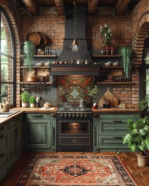 Cool Unique Houses, Farmcore Aesthetic House, Realistic Home Decor Ideas, Middle Earth Kitchen, Curved Kitchen Countertops, Kitchens Open To Living Room, Kitchen Interior Design Green, Witch Interior Decor, Kitchens With Green Tiles