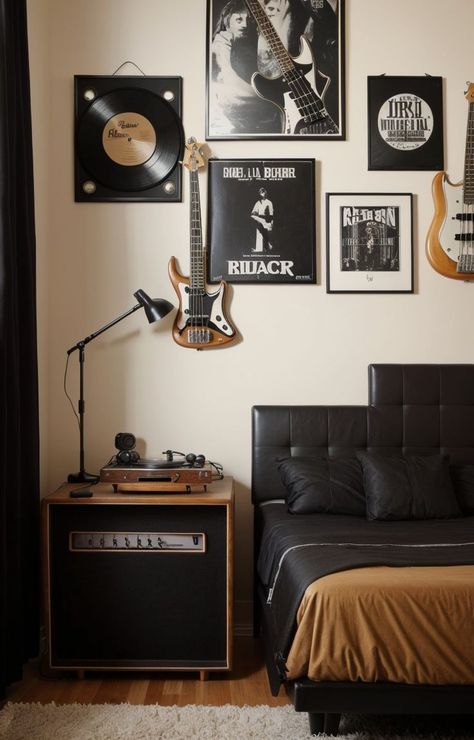 Cool Band Posters, Guitar Room Aesthetic, Music Bedroom Aesthetic, Music Inspired Bedroom, Rock Bedroom, Music Themed Bedroom, Aesthetic Guitar, Music Room Design, Rock Room