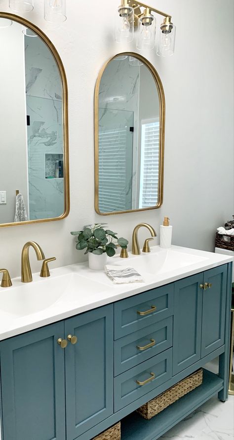 #bluevanity #bathroomreno bathroom decor, gold faucets, bathroom redo Blue Bathroom Asethic, Teal Blue Bathroom Vanity, Bright Bathroom Cabinets, Sea Glass Bathroom Vanity, Royal Blue Bathroom Vanity, Coastal Bathroom Gold Hardware, Bathroom Vanity Ideas Gold Hardware, Aqua Vanity Bathroom, Aqua Green Bathroom Ideas