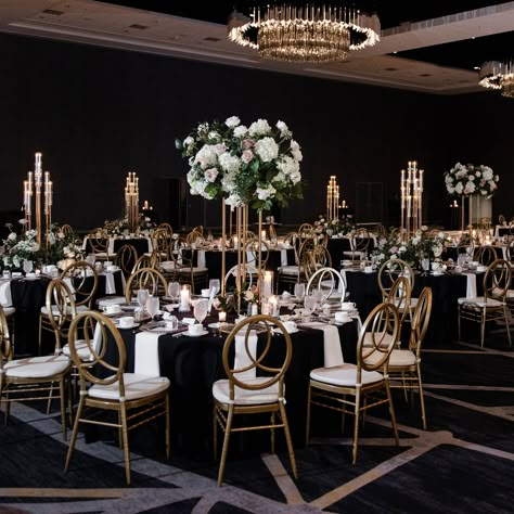 Black Weddings Wedding Ceremony Decor, Black And Gold Wedding Decorations Ideas, Black Cream Gold Wedding, Black White And Gold Event Decor, Black And Gold Wedding Reception Decor, Black And Gold Wedding Reception Tables, Black Cream And Gold Wedding Decor, Black Wedding Gold Accents, Wedding Theme Black And Gold