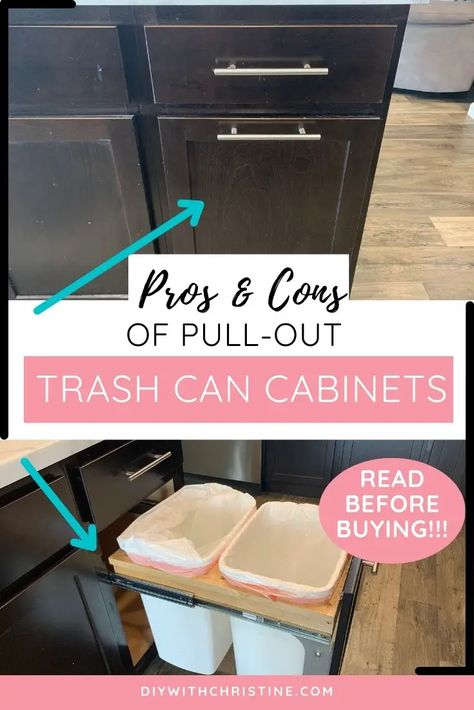 Pros & Cons Of Pull-Out Trash Cans In Kitchen Cabinets (Read First!) – DIY With Christine Garbage In Cabinet, How To Add A Pull Out Trash Can, Pull Out Trash And Recycle Bin, Kitchen Cabinets Trash Can, Kitchen Island Trash Can, Recycle Bin Ideas Kitchen Storage Solutions, Trash In Island Cabinet, Convert Trash Can Cabinet, Garbage Can Drawer