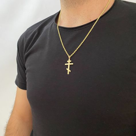 Orthodox Cross Necklace - 14K Vermeil Gold Orthodox Cross Pendant @etsy #cross #orthodox #chain #christmas #gift #necklace #ropechain #goldcross # Orthodox Cross Necklace, Dahlia Necklace, Necklaces Aesthetic, Matching Necklaces For Couples, Layering Ideas, Heavy Necklace, Necklace Drawing, Tiny Cross Necklace, Real Gold Necklace