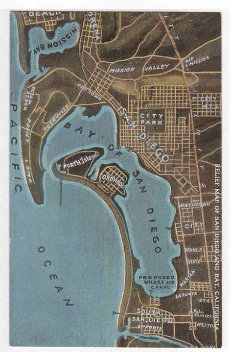 Relief Map of San Diego & Bay California 1910c postcard - bidStart (item 37549093 in Postcards... San Diego) San Diego Graphic Design, Postcard Font, Gallary Wall, San Diego Tattoo, Sailboat Racing, San Diego Art, Balboa Park San Diego, Dnd World Map, Amazing Wallpapers