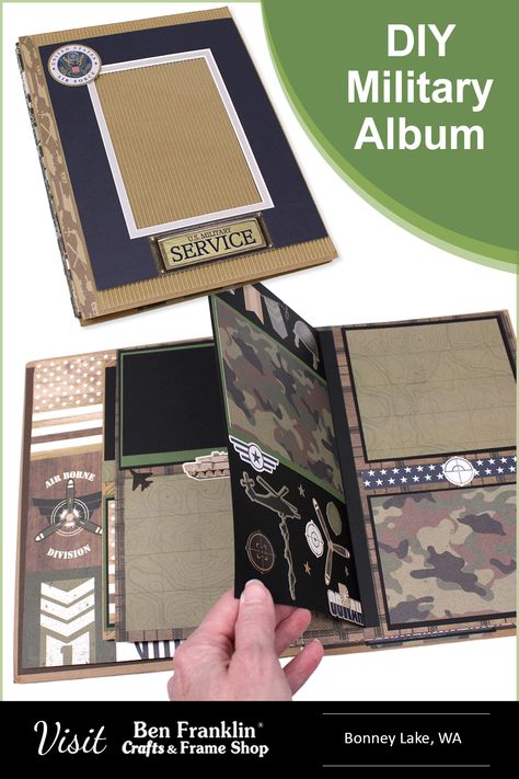 Memorial Day is a solemn occasion to honor the brave men and women who have made the ultimate sacrifice while serving in the military. One thoughtful way to pay tribute to their memory is by creating a Handmade Military Album. #BenFranklinCrafts #crafts #DIY #patriotic #militarygift #MemorialDay Army Men Crafts, Military Uniform Shadow Box Ideas, Military Shadow Box Ideas Army, Military Frames, Military Scrapbook, Military Crafts, United Air, Ben Franklin, Crafting Inspiration