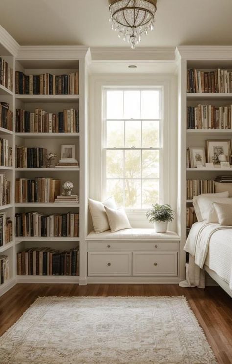 Bookcase With Window In The Middle, Library White Bookshelves, Bookshelf With Window Seat, Built In Shelves Bedroom Window, Small Library At Home, Window Library, Desk With Stool, Styling Books, Cozy Window Nook