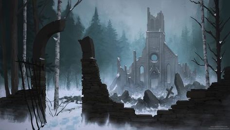 Winter Temple Fantasy Art, Winter Kingdom, Church Illustration, Ambient Art, Temple Ruins, Abandoned Church, Ancient Temple, Location Inspiration, Temple Art