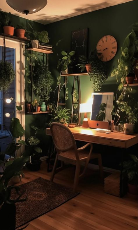 Desk With Plants Office Spaces, Ivy Home Decor, Small Apartment Dark Aesthetic, Green Earthy Room Aesthetic, Green Wood Room Aesthetic, Dark Green Plant Room, Desk Setup With Plants, Plant Based Room Aesthetic, Plant Room Office Ideas