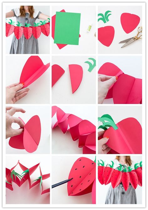 DIY Foldable Paper Strawberry Garland – diy painting Strawberry Garland Diy, Strawberry Centerpiece Ideas Diy, Berry 1st Birthday Party Decorations Diy, Diy Strawberry Birthday Decor, Diy Berry First Birthday Decorations, Diy Berry First Birthday, Strawberry Garland, Paper Strawberry, Strawberry Crafts