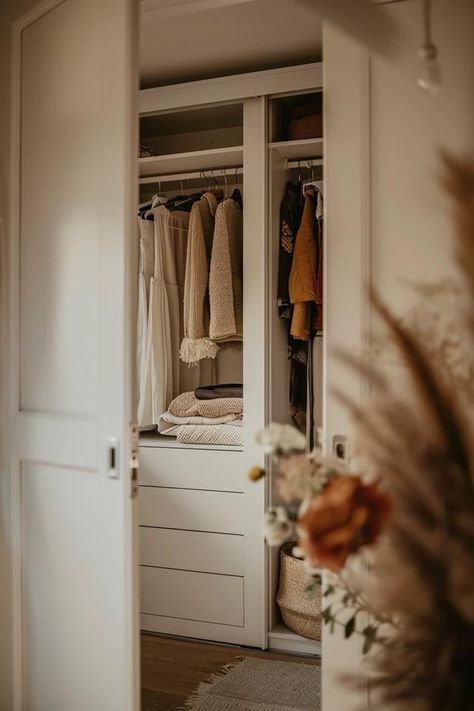 How To Maximize Reach-In Closet Space: Organizational Strategies Custom Closet Reach In, Shared Reach In Closet Ideas, Reach In Closet Door Ideas, Small Closet Layout Ideas, Dresser In Closet Ideas Small Spaces, How To Maximize Small Closet Space, Room Into Closet, Reach In Closet Organization, Master Closet Design Layout