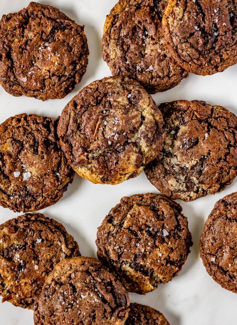 Chocolate Tahini Coconut Cookies — Gathered at my table Tahini Chocolate Cookies, Healthy Protein Desserts, Marbled Chocolate, Chocolate Tahini, Potato Chip Cookies, Seasonal Baking, Tahini Recipe, Coconut Cookies, Baking Sweets