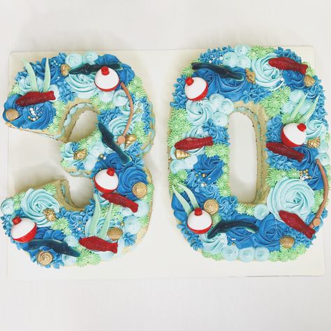 Fishing Sheet Cakes For Men, 25th Bday Cakes For Him, 30th Birthday Fishing Theme, Salmon Birthday Cake, Fishing Birthday Cake Boys, Fishing Birthday Cake For Men, Fishing Cookie Cake, Fishing Themed Birthday Cake, Number Cakes For Boys