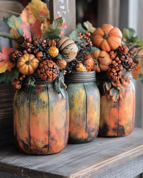 Fall Canning Jars Crafts, Mason Jar Design Ideas, Chalk Paint Bottles, Fall Crafts With Mason Jars, Fall Dollar Store Diy, Fall Painted Mason Jars, Decorated Mason Jars Diy, Thanksgiving Mason Jar Ideas, Fall Jars Decorations