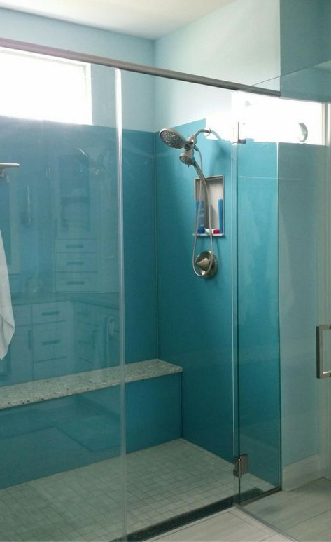 High gloss acrylic shower wall surround panels in a light blue color are simple to clean and look like back painted glass | Innovate Building Solutions Acrylic Panels Bathroom, Bathroom Design Small Indian, Bathtub Wall Surround, Acrylic Splashbacks, Acrylic Shower Walls, Bathroom Art Wall, Laundry Room Floor, Glass Shower Wall, Acrylic Wall Panels