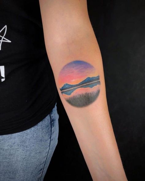 Watercolor Sun Tattoo 2 Watercolor Sun Tattoo, Sunrise Tattoo Rising Sun, Sunrise And Sunset Tattoo, Zuko Tattoo, Traditional Sun Tattoo, Meaningful Aesthetic, Sun Tattoo Design, Aurora Tattoo, Rising Sun Tattoos