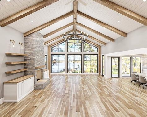 Great Room Addition Vaulted, Ranch With Cathedral Ceilings, Exterior Addition Ideas, Barndominium Great Room Ideas, Barndominium Patio, Kitchen Front Of House, Vaulted Wood Ceiling Living Room, Luxury Farmhouse Interior, Vaulted Ceiling Living Room Open Concept