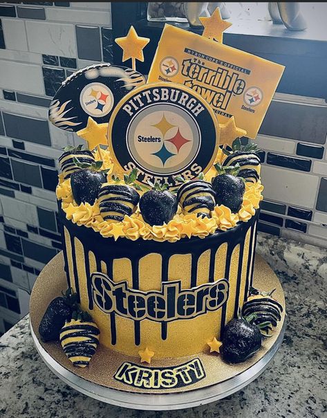 Steelers Bathroom Ideas, Steeler Cake Ideas, Steeler Party Decorations, Pittsburgh Steelers Birthday Cake, Pittsburgh Steelers Birthday Party, Pittsburgh Steelers Cake Ideas, Steelers Decorations Diy Party Ideas, Nfl Cakes Birthday, Steelers Themed Birthday Party