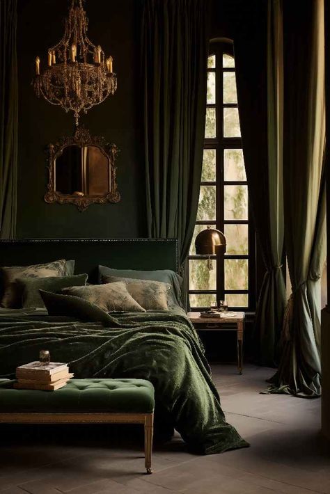 Green Bedroom Dark Academia Bedroom, Academia Bedroom, Green Bedroom Design, Gothic Bedroom, Teal Bedroom, Victorian Bedroom, Moody Bedroom, Gold Bedroom, Green Bedroom