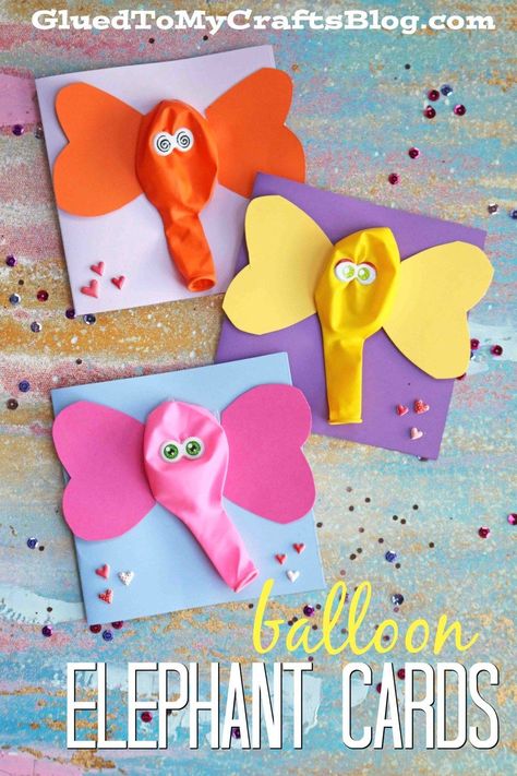 Silly and simple balloon elephant cards! A great craft for kids this summer! Simple Toddler Crafts, Aktiviti Prasekolah, Balloon Elephant, Kraftangan Prasekolah, Elephant Cards, Kerajinan Diy, Its A Boy Balloons, Diy Balloon, Kraf Diy