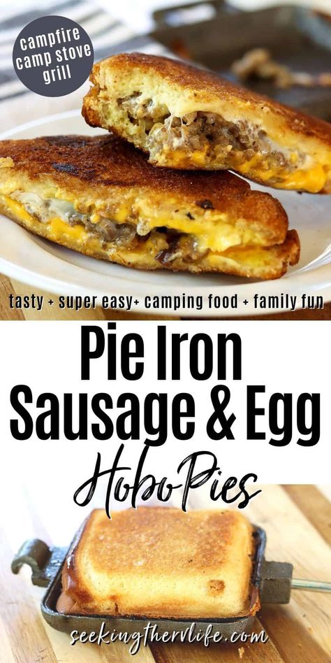 Breakfast Mountain Pies, Breakfast Pudgy Pies, Hobo Pie Iron Recipes, Best Camping Appetizers, Breakfast Pie Iron Recipes, Pie Iron Breakfast Recipes, Pudgie Pie Recipes Camping, Campfire Sandwich Pie Iron Recipes, Mountain Pies Campfire