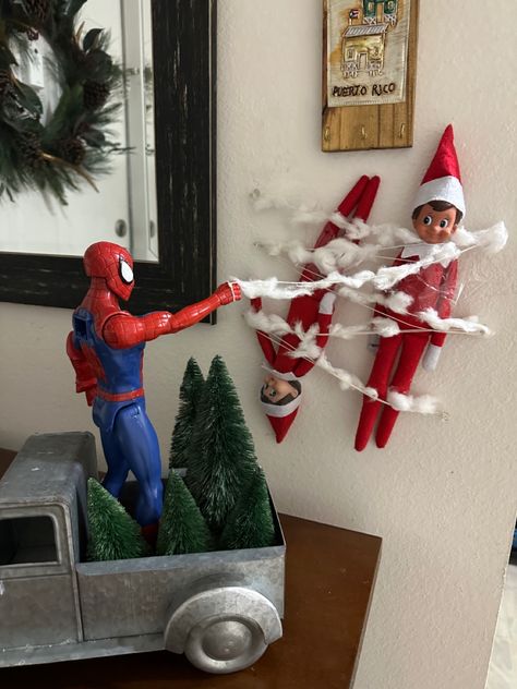 Marvel Elf On The Shelf Ideas, Elf And Spiderman, Elf Spiderman, Elf On The Shelf Spiderman, Spiderman Elf On The Shelf, Spidey Elf On The Shelf, Spiderman And Elf On The Shelf, Spider Man Elf On Shelf, Elf On Shelf Funny