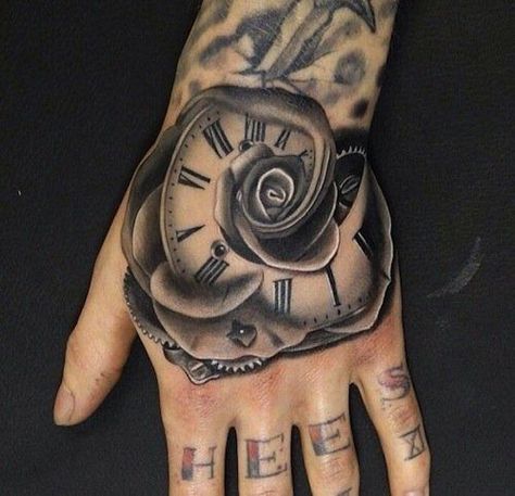 Getting hand tattoos for men is nice, but making the right choice of an artwork is even better. You can have a tattoo anywhere on your body, but if you are looking to make a… Rose Hand Tattoo, Tato Henna, Hand Tattoos For Women, Cool Tattoos For Guys, Clock Tattoo, Full Sleeve Tattoos, Diy Tattoo, Hand Tattoos For Guys, Time Tattoos