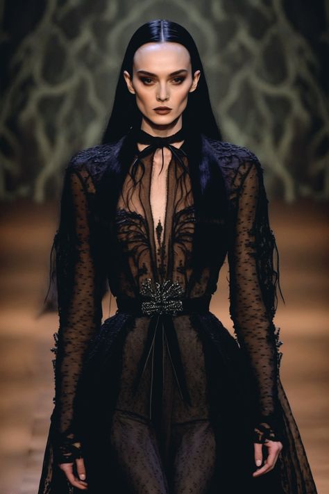 Dark Wedding Aesthetic Wedding Dress, Morticia Addams Fashion, Halloween Fashion Show, Vampire Inspired Dress, Gothic Fashion Show, Haute Goth Fashion, Sophisticated Goth Fashion, Goth Runway Fashion, Morticia Addams Aesthetic Outfit