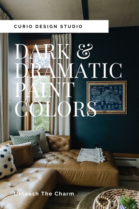 Prepare to transform your space this cozy season with our top favorite fall inspired paint colors. Explore the magic of dark, moody hues to add ambiance to your living space. Also, discover how even without paint, dark accent rugs or throw pillows can start the transformation. Moody Paint Schemes, Moody Boho Paint Colors, Moody Colors Living Room, Dark Moody Living Room Paint Colors, Dark Paint For Living Room, Lost Souls Paint Color, Moody House Colors, Dark Sea Color Palette, Dark Knight Paint Sherwin Williams