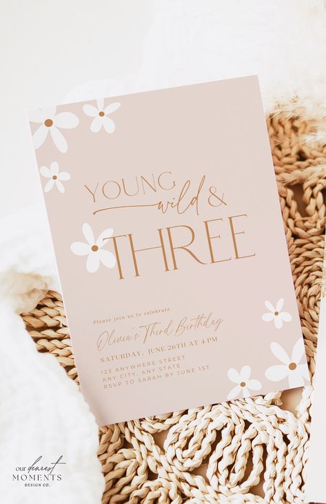 The perfect digital invitation template for your 'young wild and three' boho daisy themed third birthday! Effortlessly customize and share the joy online with this chic design. A perfect base for your fairy first decor to set the tone for a beautiful event! Perfect for hassle-free party planning. Make the day memorable and share the excitement with friends and family. Instant Download with the option of sending via text or printing. Visit 'Our Dearest Moments' to shop the collection and buy now! 3rd Birthday Invitations Girl, Young Wild And Three Birthday Girl Boho, 3rd Birthday Theme Ideas Girl, Third Birthday Theme Ideas, Three Birthday Party Theme, Third Birthday Theme, Wild And Three Birthday Party, Three Birthday Party, Young Wild And Three Birthday