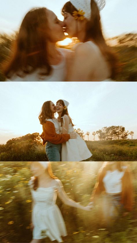 LGBTQ+ couple in a flower field for engagement photos Lgbtq Photos, Sapphic Engagement Photos, Hippie Engagement Photos, Sapphic Photography, Non Traditional Engagement Photos Ideas, Wlw Engagement, Wlw Wedding Ideas, Lesbian Engagement, Wlw Couple Photos