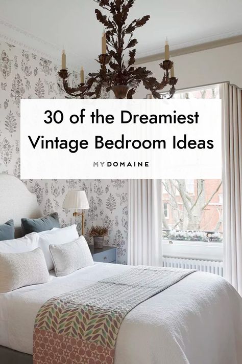 Make your bedroom a relaxing retreat with vintage style. From antique light fixtures to cane accents, here 30 ideas to help you get started. #Vintage #VintageBedroom #BedroomDesign #MyDomaine Small Bedroom Vintage Decor, Vintage Style Bedroom Decor, Vintage Wallpaper Bedroom Ideas, Master Bedrooms Antique, Antique Bedroom Lighting, Modern French Master Room, Cottage Bedroom Lighting Ideas, Pretty Vintage Bedroom, Old Fashion Bedroom Ideas