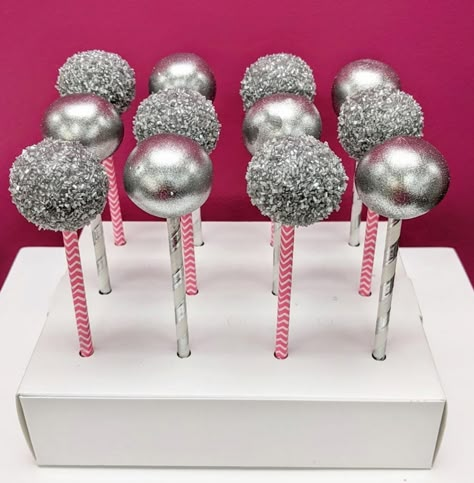 Silver Treats Table, Sparkly Cake Pops, Disco Ball Cakepops, Disco Theme Desserts, Disco Party Desserts, Silver Snacks For Color Party, Disco Party Treats, Silver Foods For Party, Disco Cowgirl Cake Pops