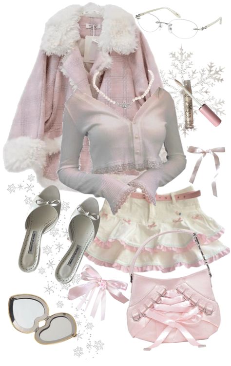 Coquette Outfits For Winter, Coquette Holiday Outfit, Coquette Outfit Ideas For School, Coquette Fits Aesthetic, Coquette Outfit Inspiration, Cute Winter Outfits Pink, Coquette Winter Fits, Coquette Must Haves, Really Cute Outfits Winter