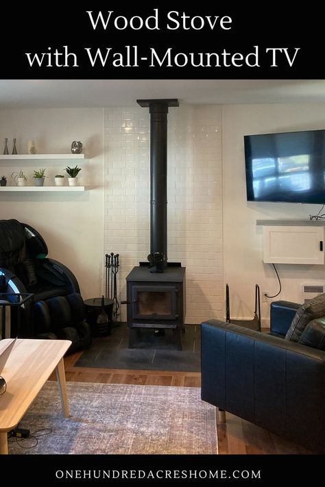 How to place a TV near a free standing wood stove? Hardware used for a wall-mounted TV near a wood buring stove. Wood Stove Living Room, Living Room Wood Stove, Stove Living Room, Modern Wood Stove, Living Room Layout With Tv, Free Standing Wood Stove, Stove Surround, Great Room Layout, Wood Burner Stove