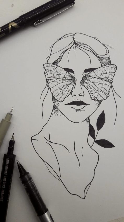 Black Pen Doodles Simple, Face With Butterfly Drawing, Simple Black Pen Drawing, Butterfly On Face Drawing, Butterfly Person Drawing, Butterfly Person Art, Faces Drawing Abstract, Sketches Black Pen, Butterfly Face Drawing