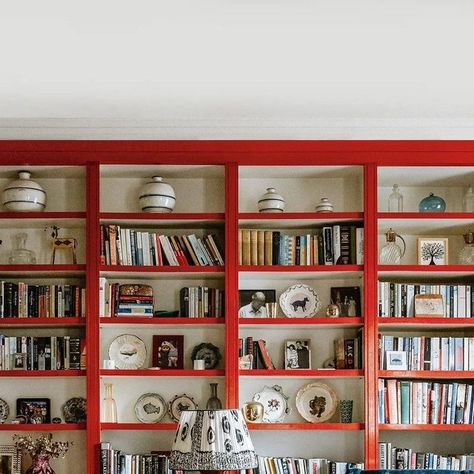 Red Built Ins, Red Built In Bookshelves, Red Bookshelves, Built In Bookshelves Living Room, Hallway Shelves, Study Bookshelves, Living Room Bookshelves, Loft Study, Red Bookcase