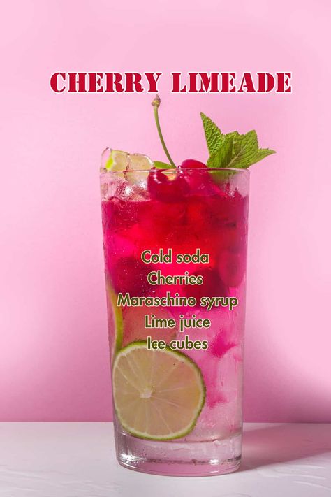 A glass of cherry limeade with fresh cherries, lime slices, and a straw. Cherry Lime Mocktail, Tart Cherry Mocktails, Mocktails Recipe, Cherry Limeade Recipe, Refreshing Mocktail, Limeade Recipe, Juice Ice Cubes, Alcohol Free Drinks, Mocktail Recipes