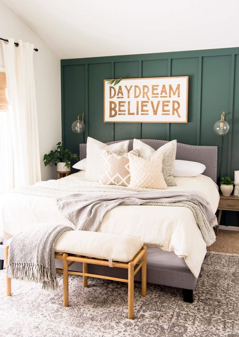 Decorating a green accent wall in the bedroom is quite simple! Here are three elements to consider when designing your bedroom accent wall. #fromhousetohaven #greenwall #greenaccentwall #greenbedroom #bedroomcolors #bedroomaccentwall #accentwall Green Accent Home Decor, Bedrooms With Green Accent Walls, Small Bedroom With Accent Wall, Accent Wall For Small Bedroom, Accent Wall In Small Bedroom, Bedroom Accent Wall Green, Accent Wall Master Bed, Bedroom With Green Accent Wall, Small Bedroom Accent Wall