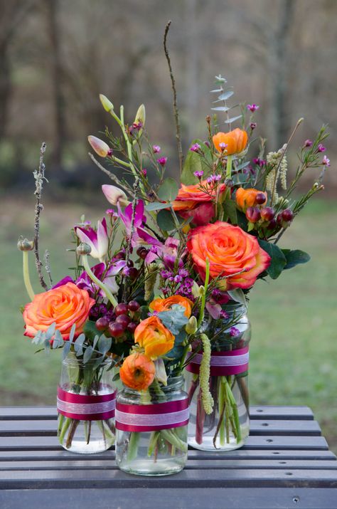 bright jam jars Jam Jar Posies, Jam Jar Flower Arrangements, Jam Jar Wedding Flowers, Retirement Flowers, Jam Jars Wedding, Bridal Shower Themes Rustic, Jam Jar Wedding, Jar Arrangements, Jam Jar Flowers