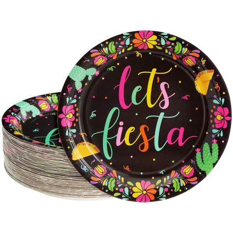 PRICES MAY VARY. Fiesta Themed Party Plates: Add this pack of fiesta party plates to a dining table set, or use them at the buffet and dessert table at a Cinco de Mayo celebration, a BBQ, a birthday party, a picnic, or fiestas Fiesta Party Decorations: The black fiesta plates each say "Let's Fiesta" on them and feature colorful flowers and tacos; ideal for creating a celebratory atmosphere and theme for your party Quick and Easy Cleanup: You can simply dispose of our lets fiesta paper plates aft Fiesta Theme Party Decorations, Party Decorations Black, Mexican Bridal Showers, Fiesta Party Supplies, Paper Lace Doilies, Plastic Party Plates, Fiesta Party Decorations, Fiesta Theme Party, Mexican Party Theme