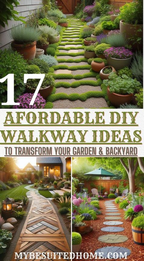 Looking for budget-friendly DIY walkway ideas for your garden or backyard? We've got you covered! Explore 17 creative options using materials like gravel, mulch, stepping stones, and more. Find inspiration to design beautiful and affordable walkways that enhance your outdoor space. #diywalkwayideas #gardenwalkwayideas #backyardwalkwayideas Short Walkway Ideas, Sidewalk Entrance Ideas, Lawn Walkway Paths, Garden Step Ideas, Garden Stepping Stones Ideas, Rock Pathway Ideas Walkways Gravel Path, Garden Paths Ideas, Garden Paths And Walkways Cool Ideas, Side Pathway Ideas