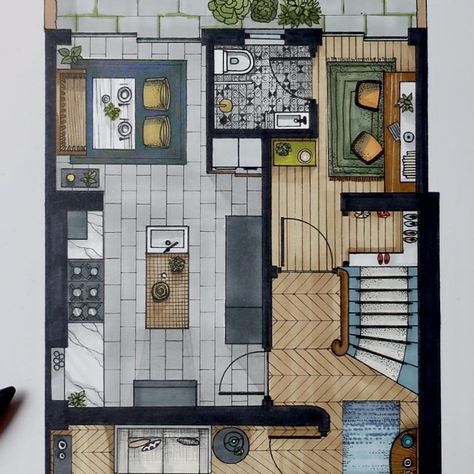 Floor Plan Sketch, Interior Design Sketchbook, Rendered Floor Plan, Furniture Design Sketches, Architecture Drawing Plan, Interior Design Renderings, Interior Architecture Drawing, Interior Design Plan, Drawing Interior